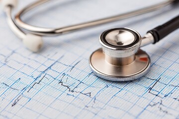 Close-up of a stethoscope resting on a medical chart with EKG lines