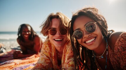 Three young friends joyfully laughing together on a beautiful beach, capturing the true essence of summer fun
