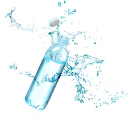 Soda water in bottle and splash against white background