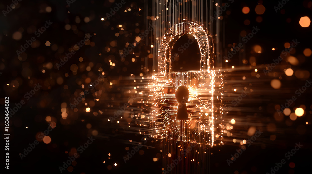 Poster orange digital padlock with particle trails on black background