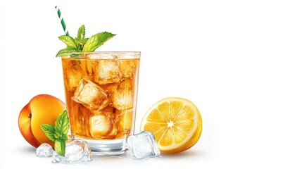 Fototapeta premium Refreshing iced tea drink with peach and lemon.