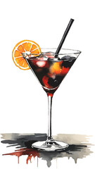 martini cocktail with orange, ice and straw cartoon vector illustration