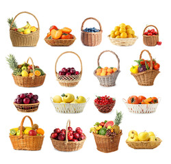 Fresh fruits and vegetables in wicker baskets isolated on white, set