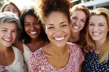 Fototapeta premium Group of diverse women smiling joyfully at an outdoor gathering during a sunny day in the city