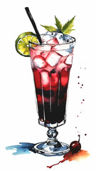 cocktail with cherry and mint and ice cubes vector illustration
