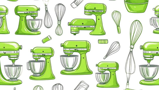 Green kitchen appliances seamless pattern