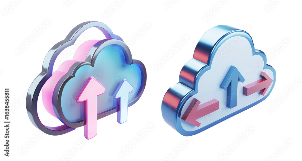 Poster 3d cloud data transfer icons with arrows on transparent backdrop modern cloud computing concept for 