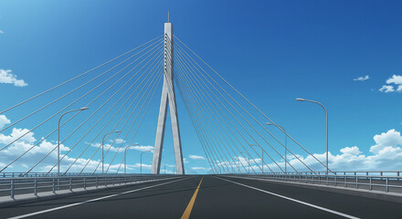 Fototapeta premium View of a cable stayed bridge with a clear blue sky and some clouds on a sunny day in a cartoon style