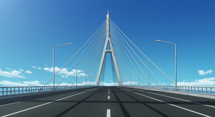 Fototapeta premium View of a cable stayed bridge with a clear blue sky and street lights on a sunny day in a cartoon style