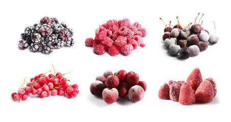 Frozen berries isolated on white, set. Food preservation