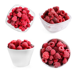 Frozen raspberries isolated on white, set. Food preservation