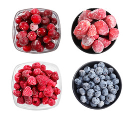 Set of frozen berries isolated on white, top view. Food preservation