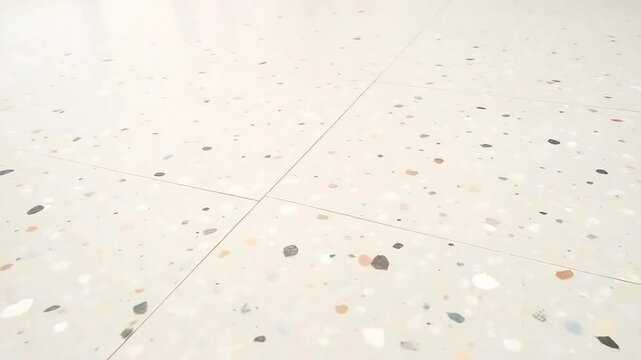 Close up view of a light beige terrazzo floor with small multi colored stone chips and grout lines