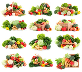 Fresh vegetables in piles on white background, set