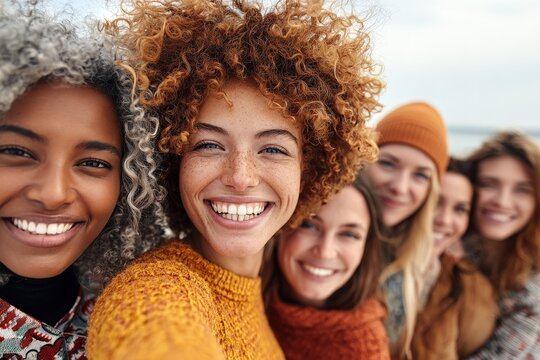 Group of friends smiling together on a beach during a cloudy day, showcasing joy and connection among diverse individuals - Powered by Adobe