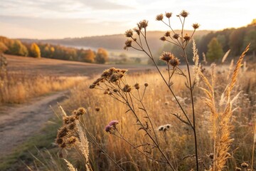 Close-up of dried wildflowers and golden grasses glowing in late afternoon autumn sun