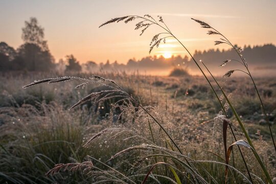 Autumn decorative grasses at sunrise with dewdrops