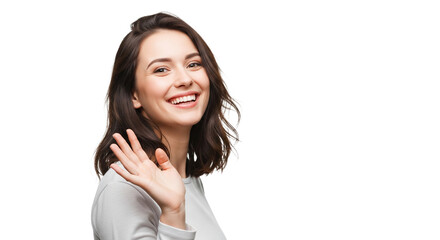  Brünette Frau – Winken, transparenter Hintergrund, PNG