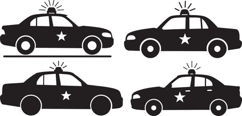 Fototapeta premium Four police car silhouettes with flashing lights and stars