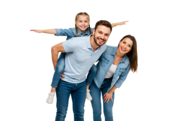 Happy young family in denim clothes posing together, with the joyful daughter getting a piggyback ride from her smiling father.