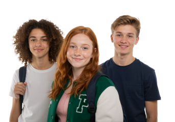 Happy group of diverse teenage students with backpacks looking at the camera, a studio portrait isolated on white background