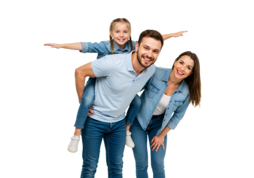Happy young family in denim clothes posing together, with the joyful daughter getting a piggyback ride from her smiling father. - Powered by Adobe