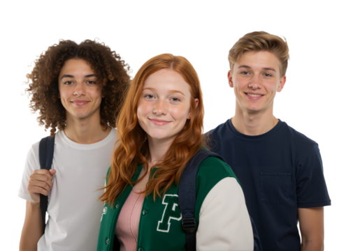 Happy group of diverse teenage students with backpacks looking at the camera, a studio portrait isolated on white background