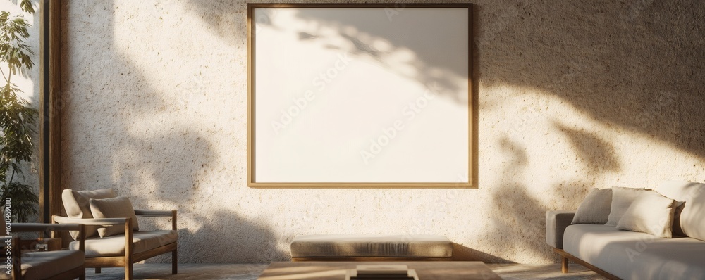 Poster empty frame on a textured wall with comfortable seating.