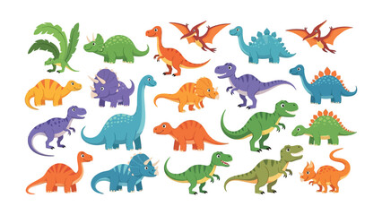 Prehistoric Panorama: A vibrant illustration showcasing a diverse collection of dinosaurs from various eras, capturing their unique forms and colors in a dynamic prehistoric landscape.
