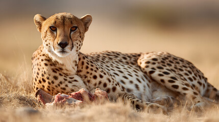 Fototapeta premium Cheetah Lying Down with Prey in African Savannah Landscape