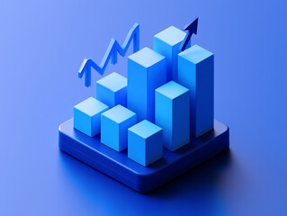Obraz premium 3D Bar Chart with Upward Arrow and Line Graph – Monochromatic Blue Visualization Representing Data Analysis, Growth, and Performance Metrics