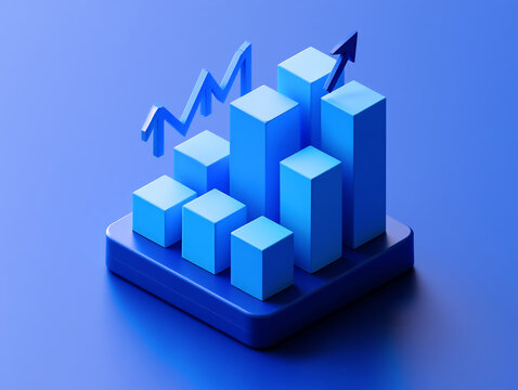 3D Bar Chart with Upward Arrow and Line Graph – Monochromatic Blue Visualization Representing Data Analysis, Growth, and Performance Metrics