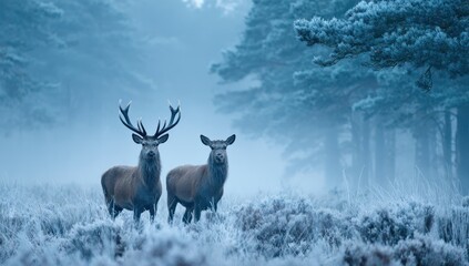 Majestic stags in frosty winter forest, misty background, wildlife photography for nature calendars
