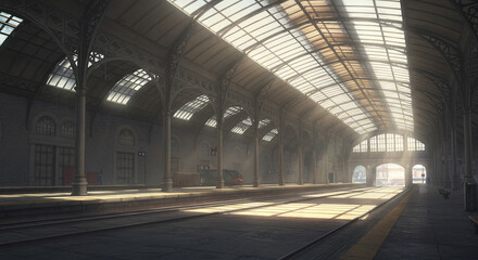 Interior view of a train station with sunlight streaming through the arched glass roof and empty platforms