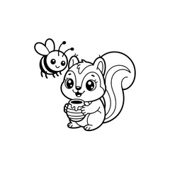 Adorable Cartoon Squirrel with Bee Friend Holding Honeycomb