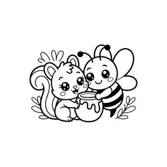 Adorable Cartoon Squirrel and Bee Sharing Honey Pot Illustration