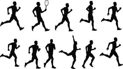 PrintAthlete silhouettes, running, walking, tennis poses, dynamic motion, human movement, sports illustration, fitness design, black figures, animation reference, active lifestyle