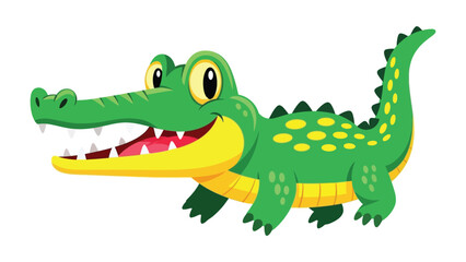 Cheerful Crocodile Illustration: A whimsical cartoon illustration of a cheerful, green crocodile with a wide, toothy smile, exuding a sense of playfulness and adventure. 