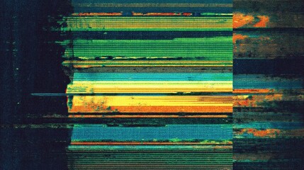 Abstract digital glitch art with horizontal bands of vibrant, distorted colors