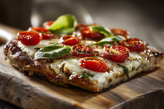 Description: Close-up of a gourmet rectangular pizza slice topped with melted mozzarella, cherry tomatoes, and fresh basil leaves on a wooden serving board, rustic Italian style.
