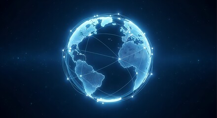 Glowing blue digital earth with interconnected data streams and bright lights representing global connectivity and technology