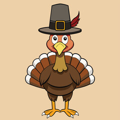 A cute Thanksgiving cartoon turkey vector illustration with a pilgrim hat, ready for the holiday feast