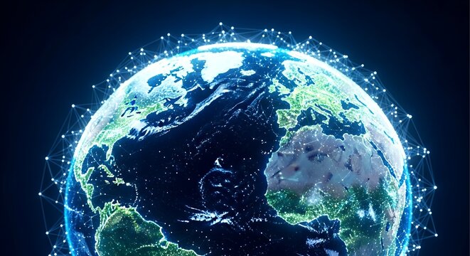 Glowing earth at night with bright city lights and digital connections illuminating the planet
