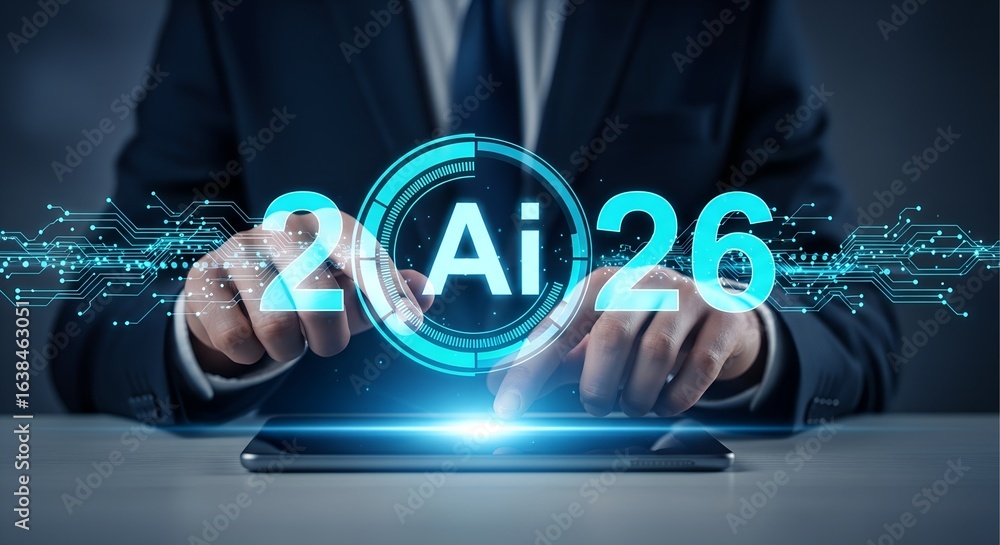 Poster businessman interacting with futuristic glowing ai interface displaying the year twenty twenty six w