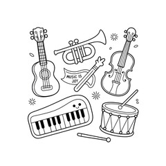 Musical Instruments Sparkle Illustration Joyful Collection of Guitars, Violin, Trumpet, Keyboard,
