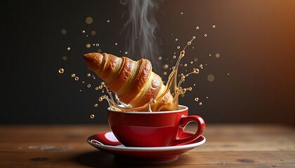 Croissant splashing into a red cup of coffee on a wooden table with a warm lighting effect
