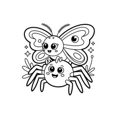 Fototapeta premium Adorable Butterfly and Spider Doodle Art Cute Insect Friends Illustration