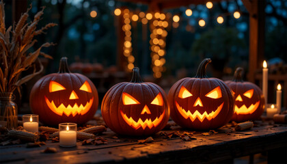 Spooky glowing jack-o'-lanterns set the mood for a festive, magical Halloween night celebration outdoors.