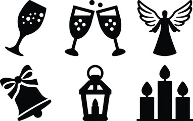 Festive Holiday Season Icons Featuring Champagne Toast Angel Bell and Candles Silhouette Illustration