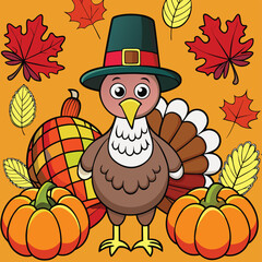 Naklejka premium Cartoon thanksgiving turkey with autumn pumpkins and colorful fall leaves background illustration